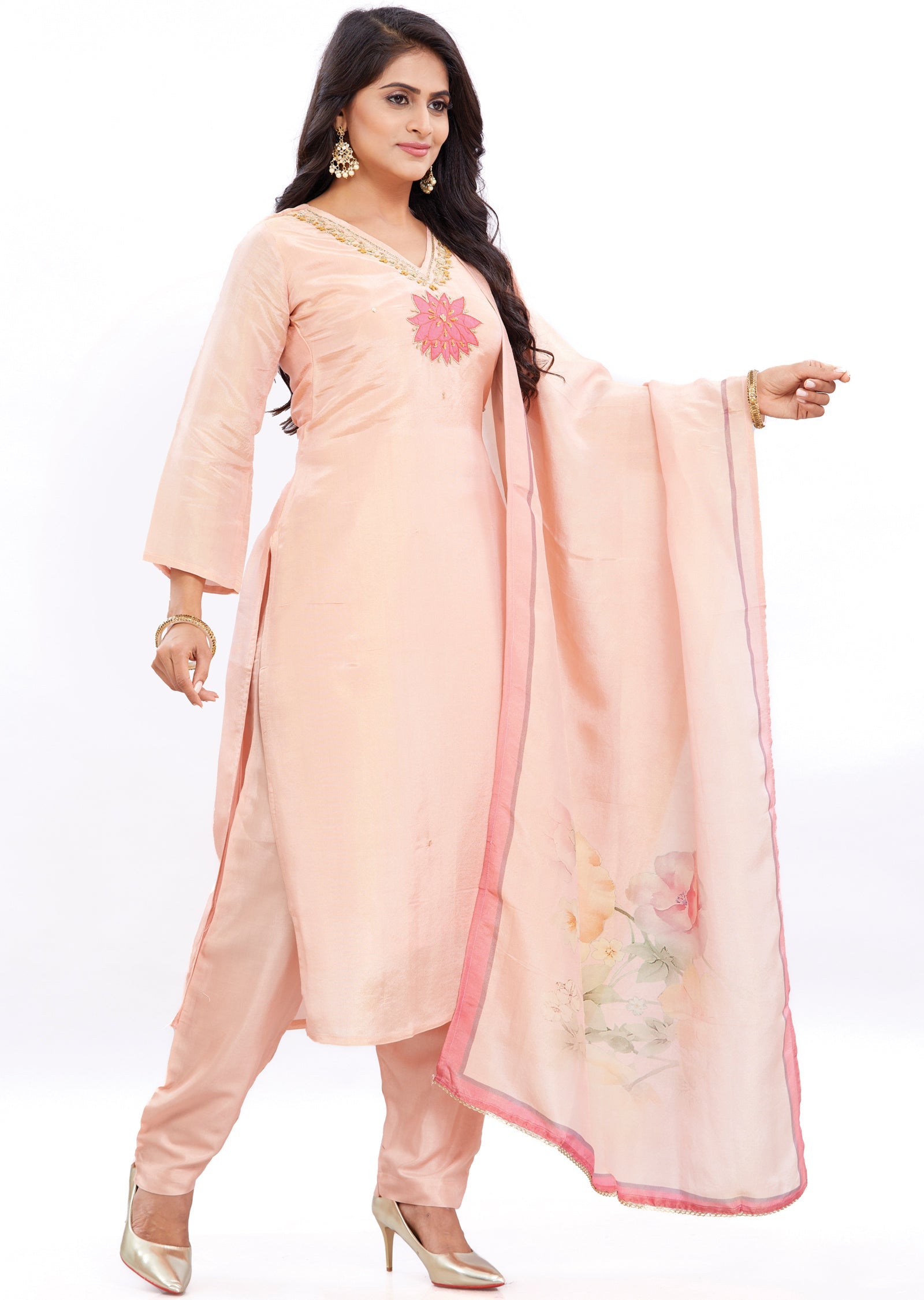 Peach Tissue Silk Straight Cut Suits