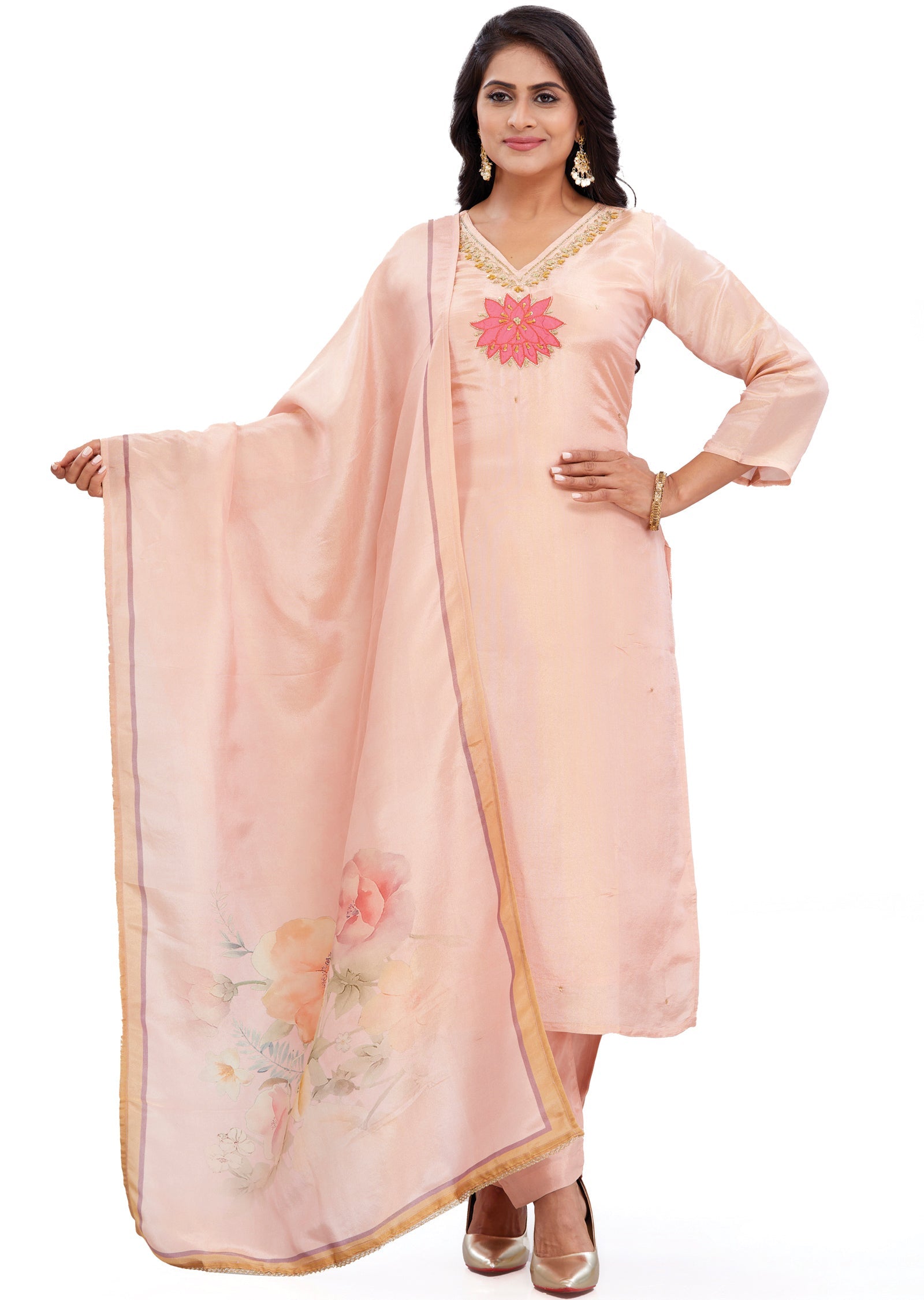 Peach Tissue Silk Kurti with Zardosi & Sequence Work