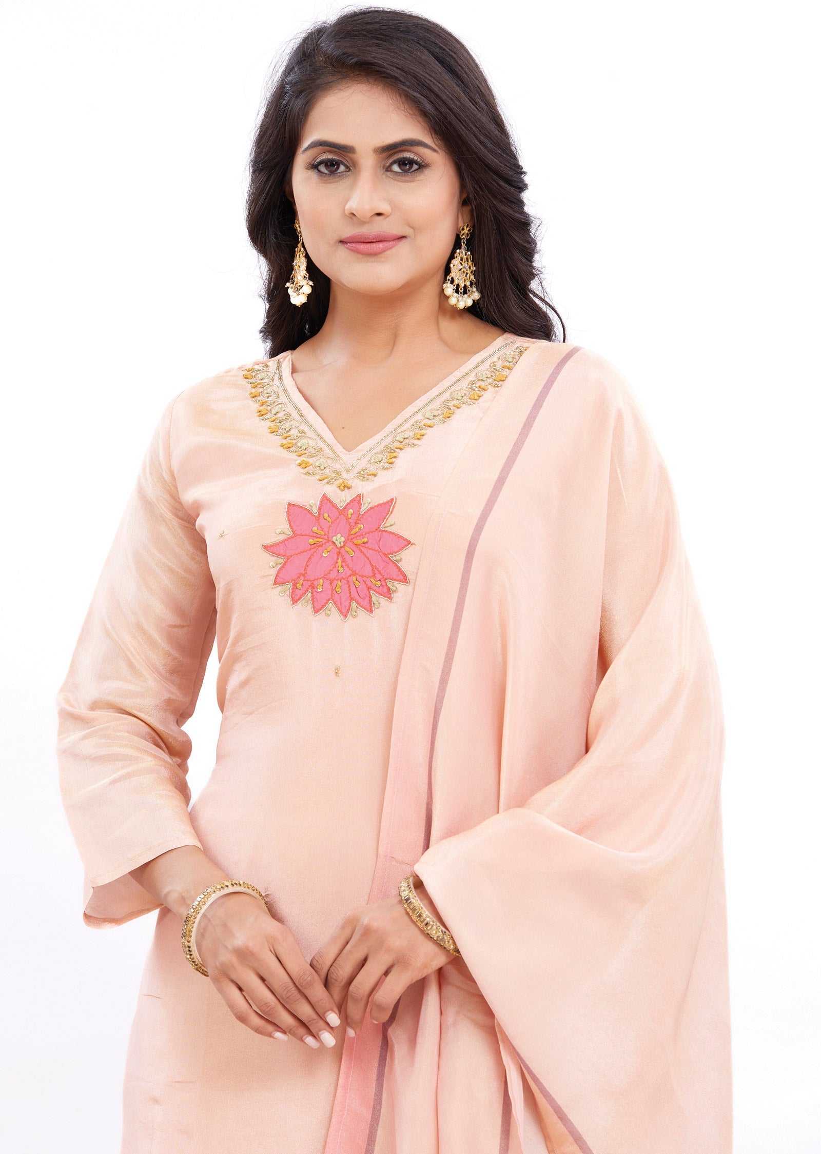 Peach Tissue Silk Kurti with Zardosi & Sequence Work