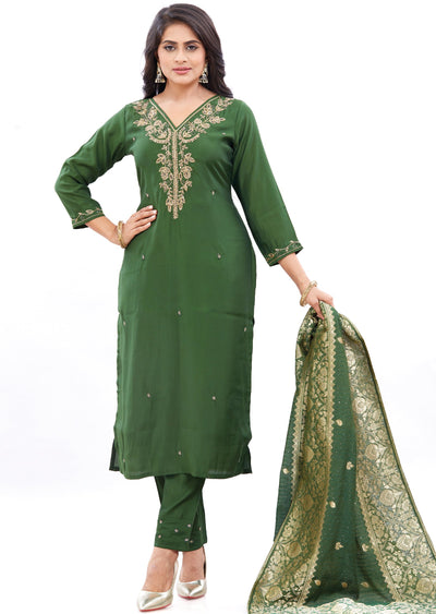 Olive Green Soft Silk Straight Cut Suits