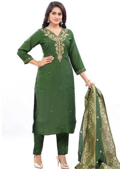 Olive Green Soft Silk Straight Cut Suits