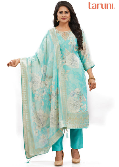 Sea Green Banaras Tissue Silk Straight Cut Suits