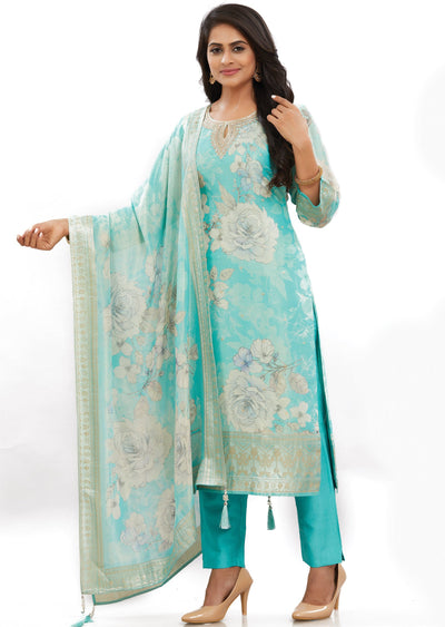 Sea Green Banaras Tissue Silk Straight Cut Suits