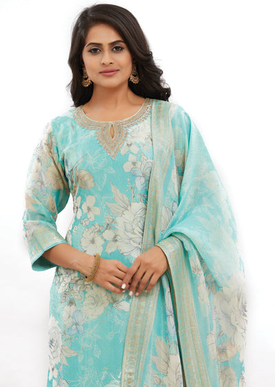 Sea Green Banaras Tissue Silk Straight Cut Suits