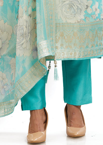 Sea Green Banaras Tissue Silk Straight Cut Suits