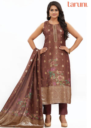 Brown Banaras Tissue Silk Straight Cut Suits