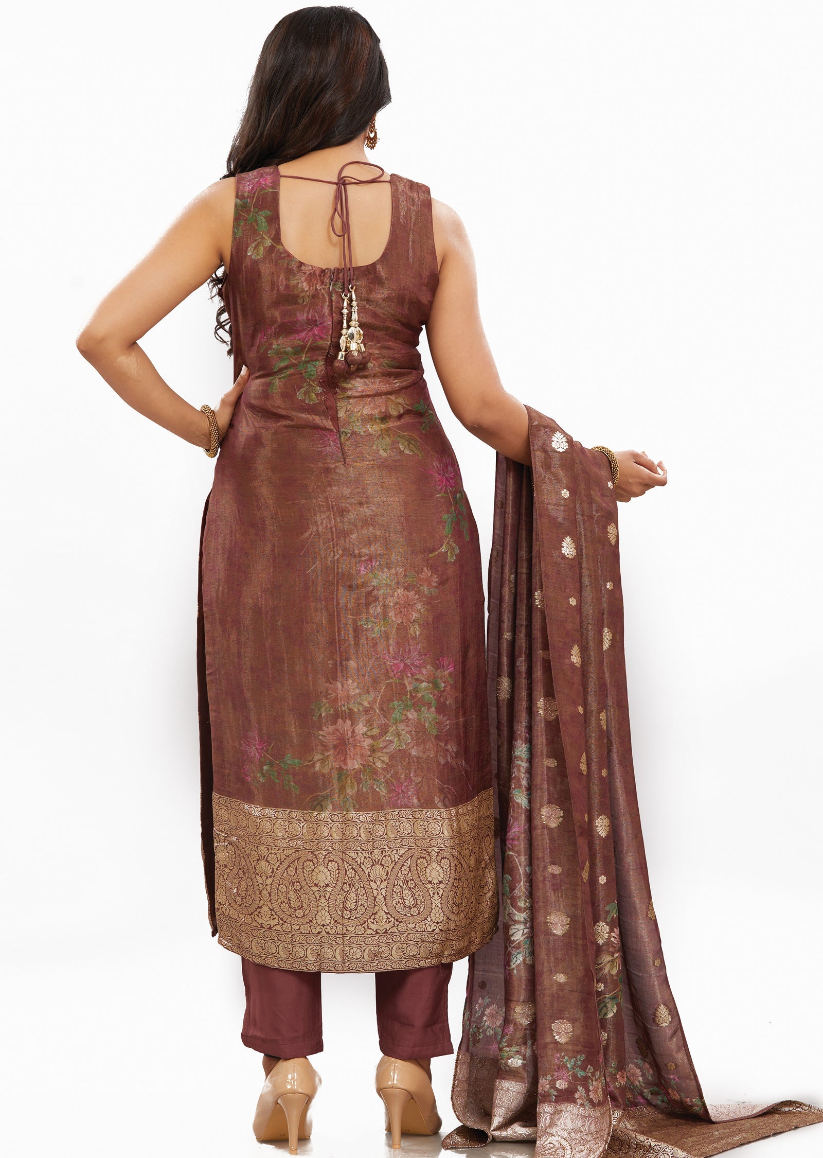 Brown Banaras Tissue Silk Straight Cut Suits