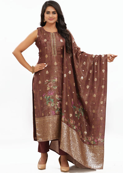 Brown Banaras Tissue Silk Straight Cut Suits