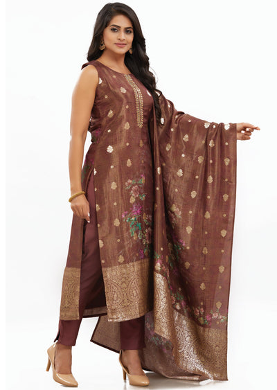 Brown Banaras Tissue Silk Straight Cut Suits