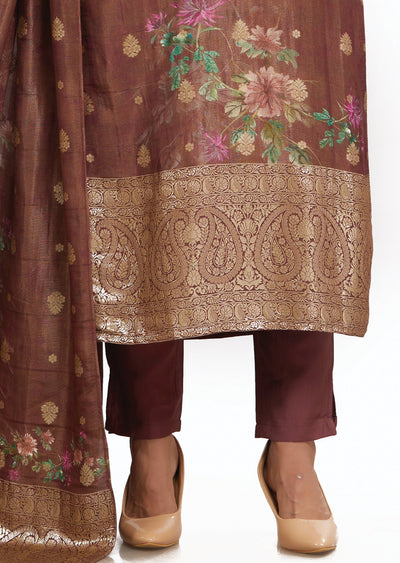 Brown Banaras Tissue Silk Straight Cut Suits