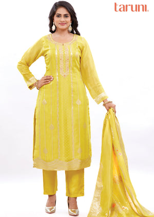 Yellow Banaras Jute Kurti with Zardosi & Sequence Work