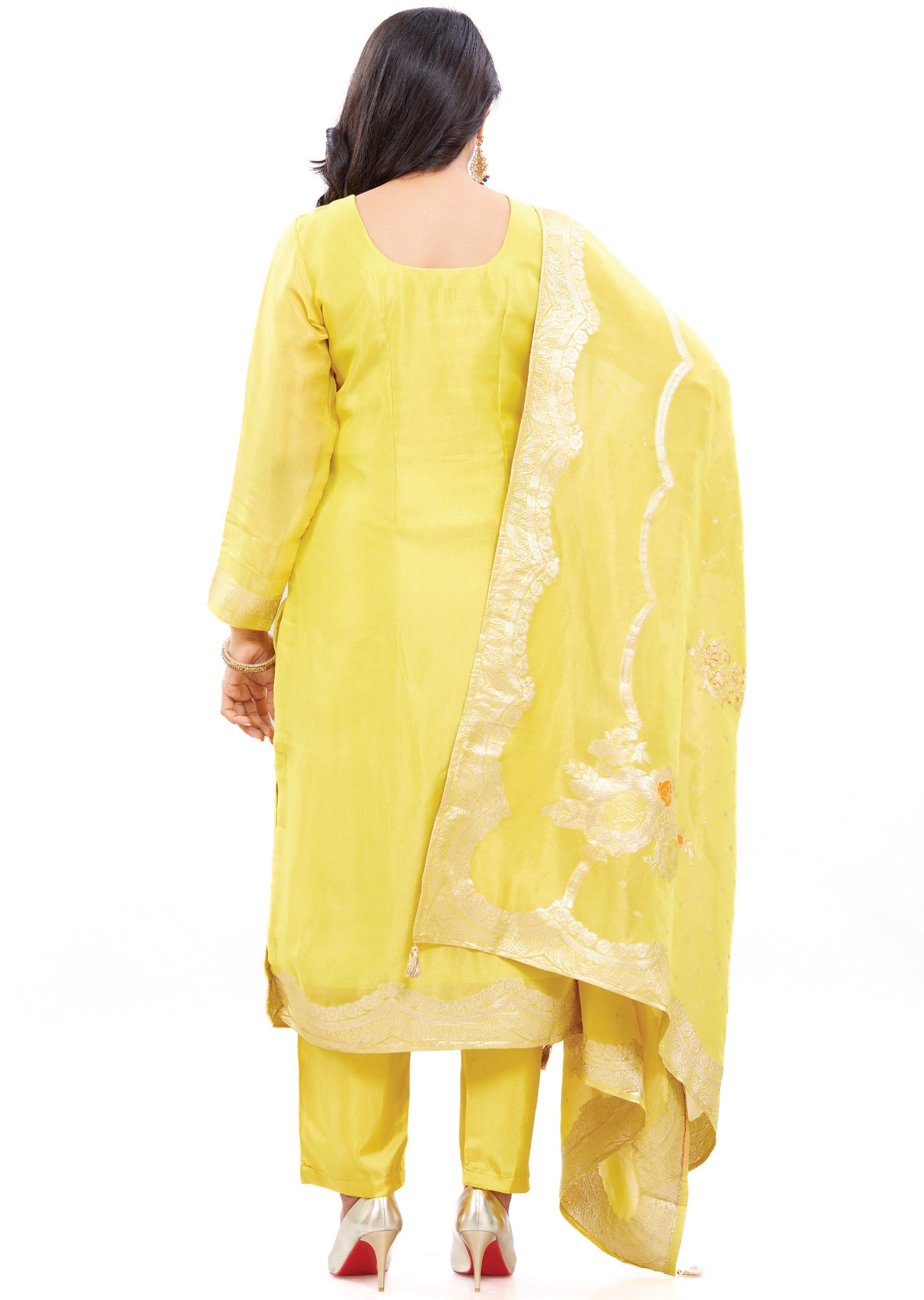 Yellow Banaras Jute Straight Cut Suits