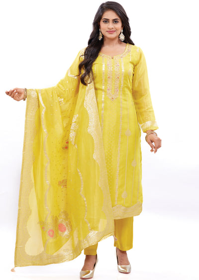 Yellow Banaras Jute Straight Cut Suits