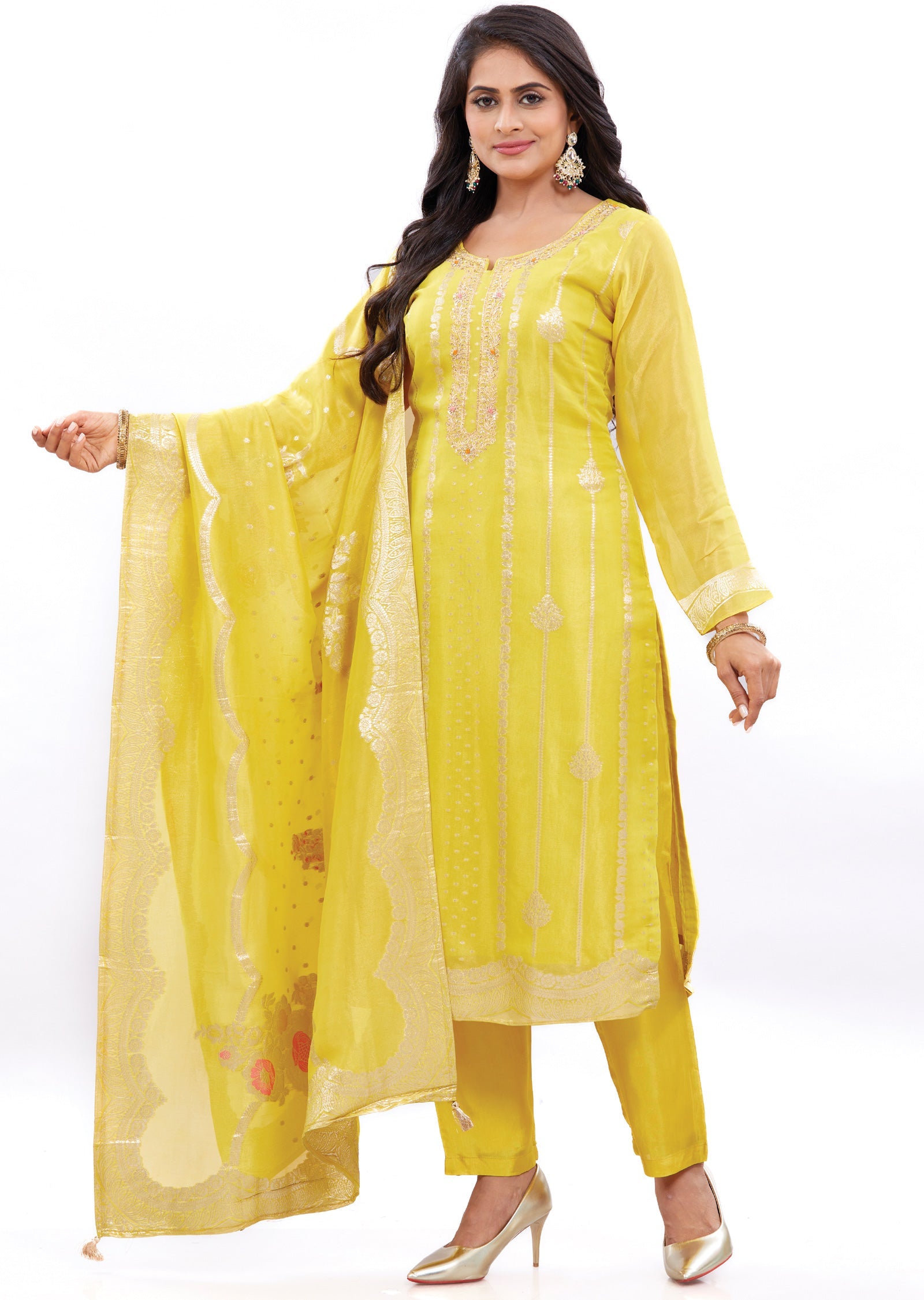 Yellow Banaras Jute Straight Cut Suits