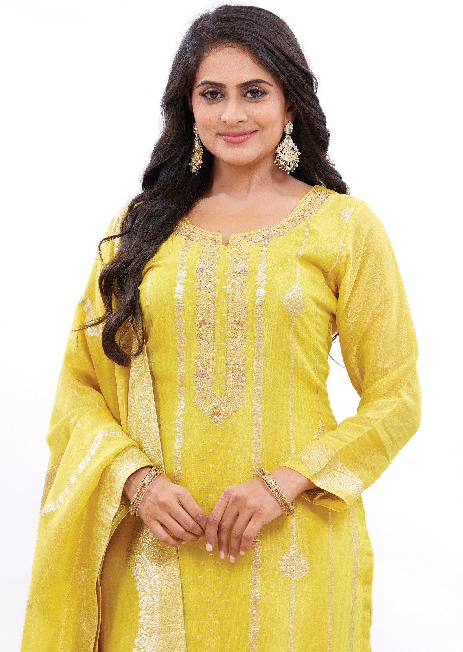 Yellow Banaras Jute Straight Cut Suits