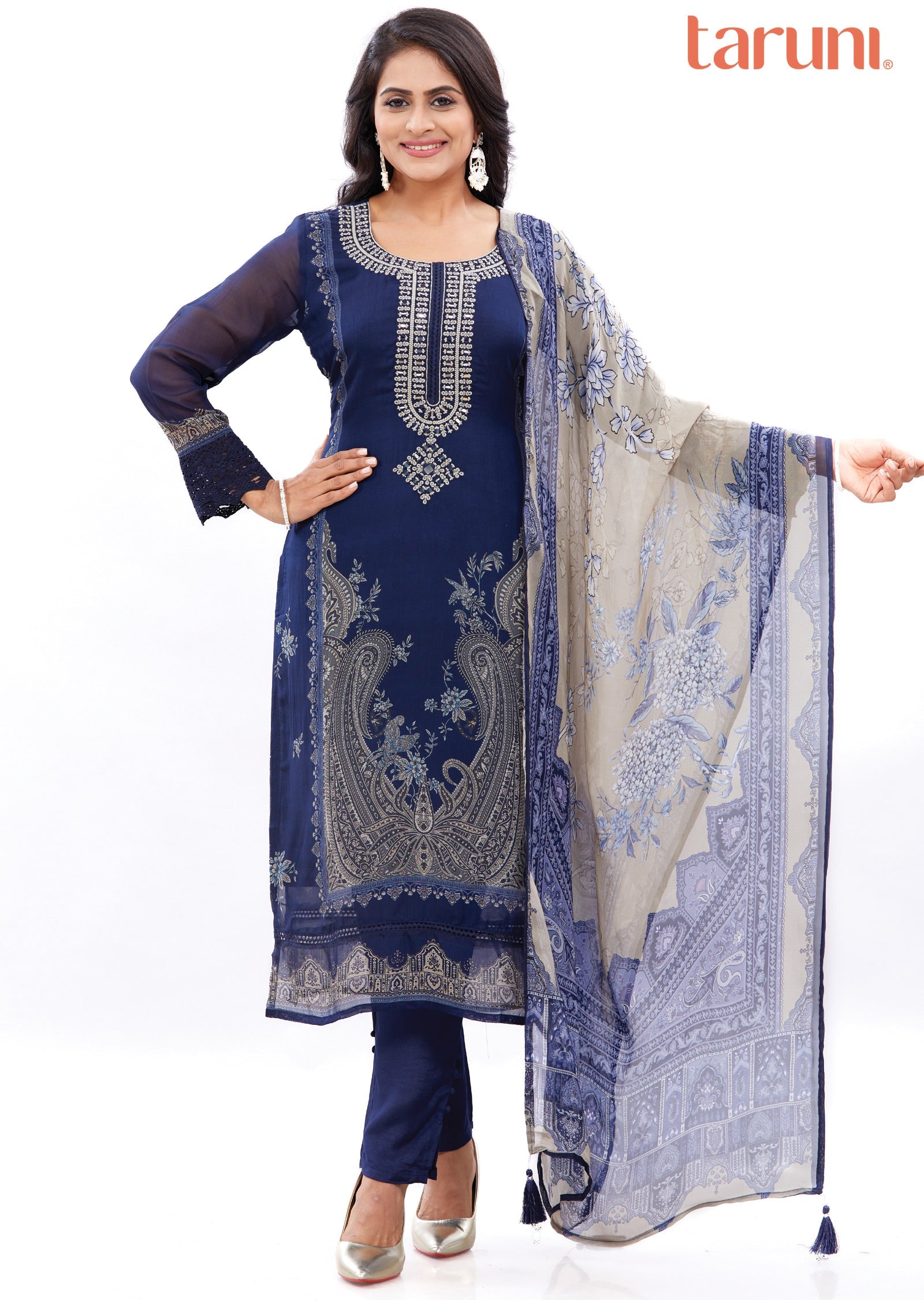 Navy Blue Organza Kurti with Resham & Mirror Work