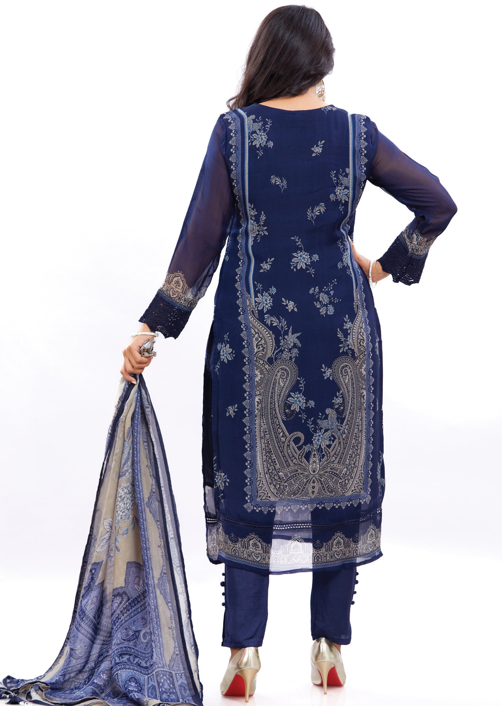 Navy Blue Organza Kurti with Resham & Mirror Work