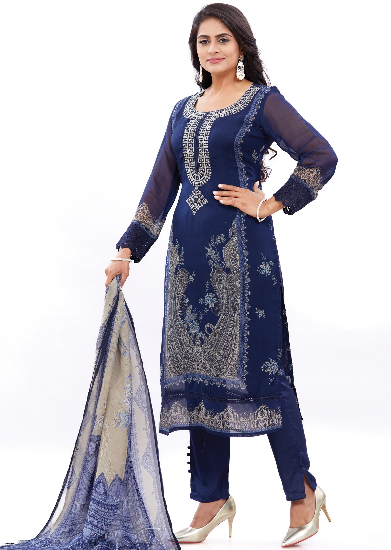 Navy Blue Organza Kurti with Resham & Mirror Work