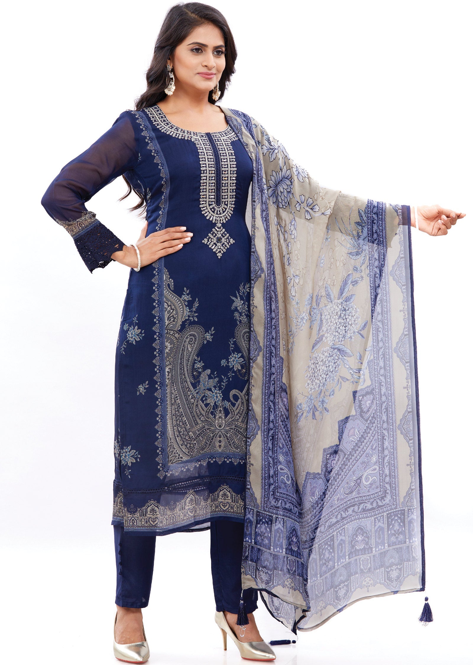 Navy Blue Organza Kurti with Resham & Mirror Work