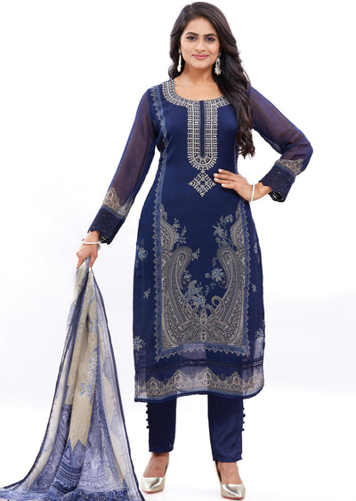 Navy Blue Organza Kurti with Resham & Mirror Work