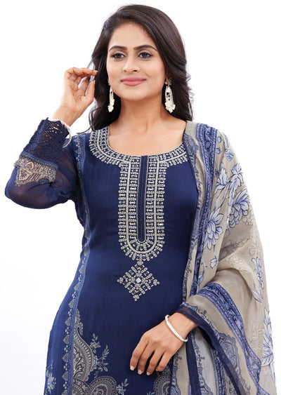 Navy Blue Organza Kurti with Resham & Mirror Work