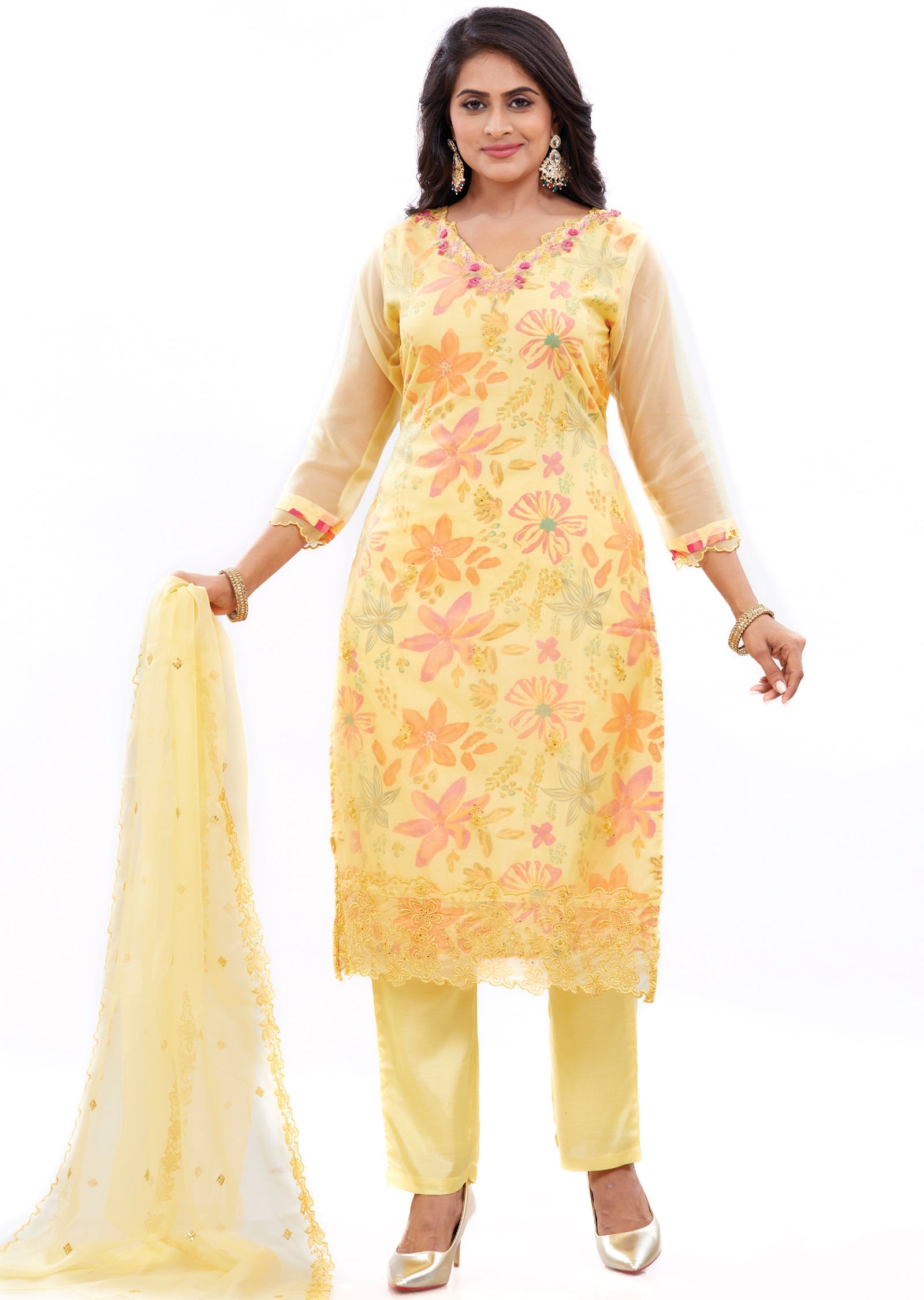 Yellow Organza Kurti with Resham & Sequence Work