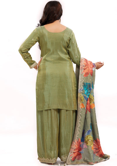 Mehndi Green Tissue Silk Straight Cut Suits