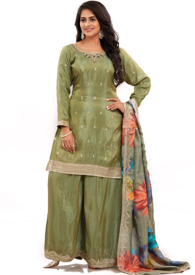 Mehndi Green Tissue Silk Straight Cut Suits