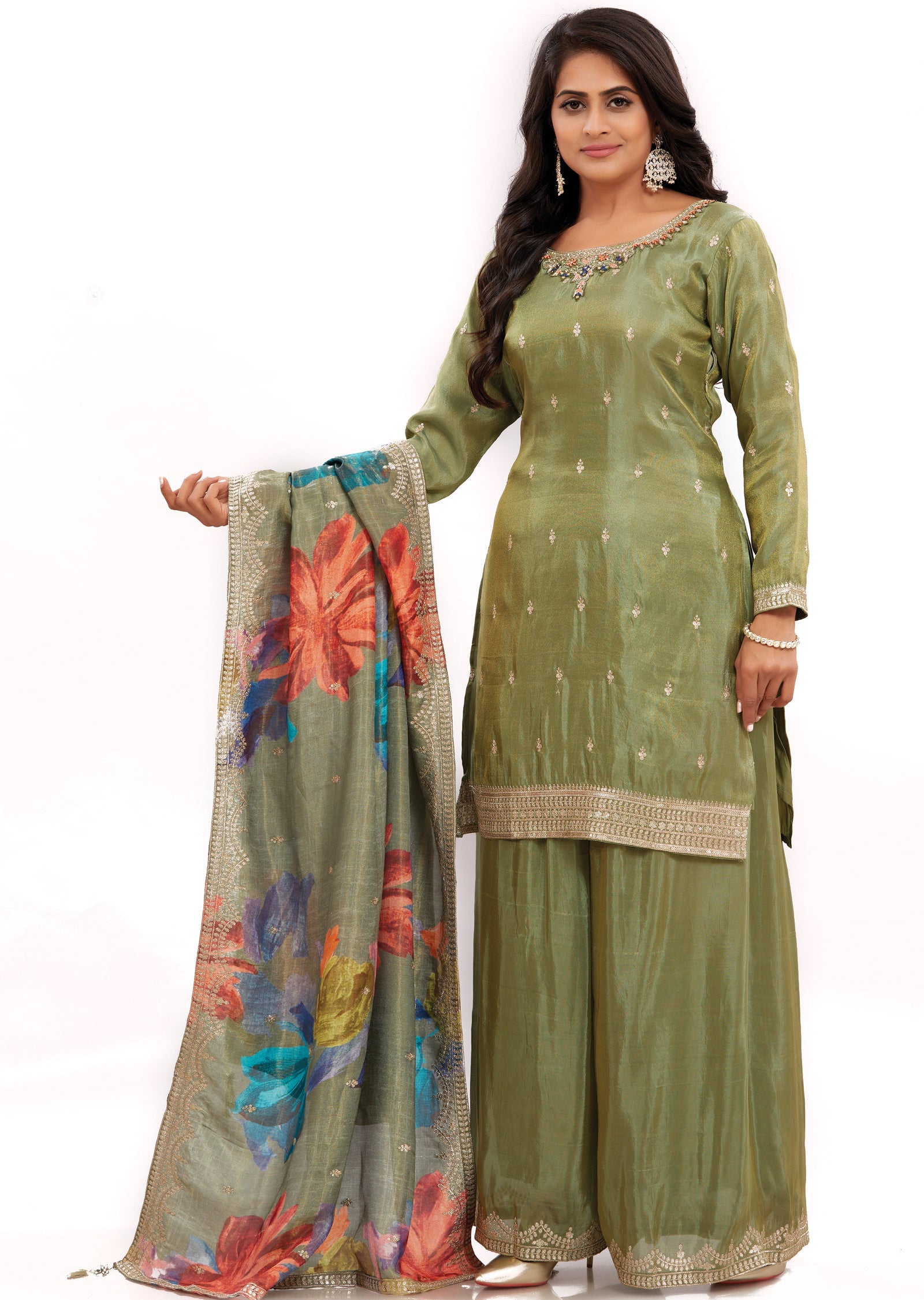 Mehndi Green Tissue Silk Straight Cut Suits