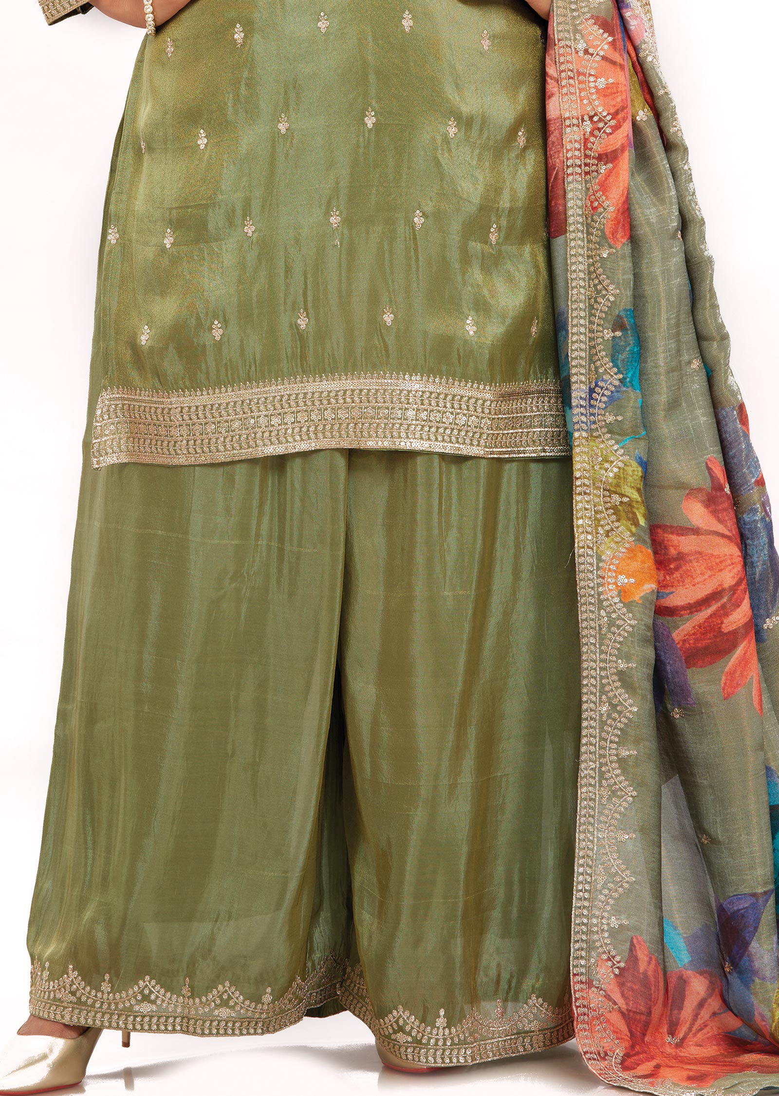 Mehndi Green Tissue Silk Straight Cut Suits