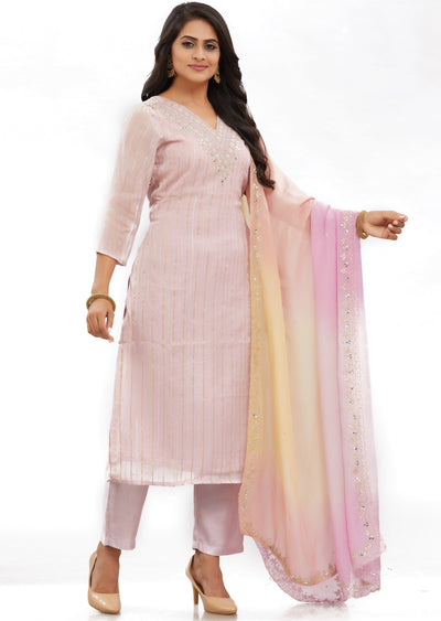 Lilac Banaras Organza Straight Cut Suits