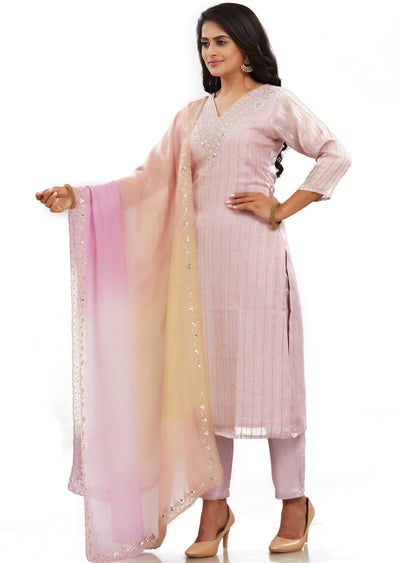 Lilac Banaras Organza Straight Cut Suits