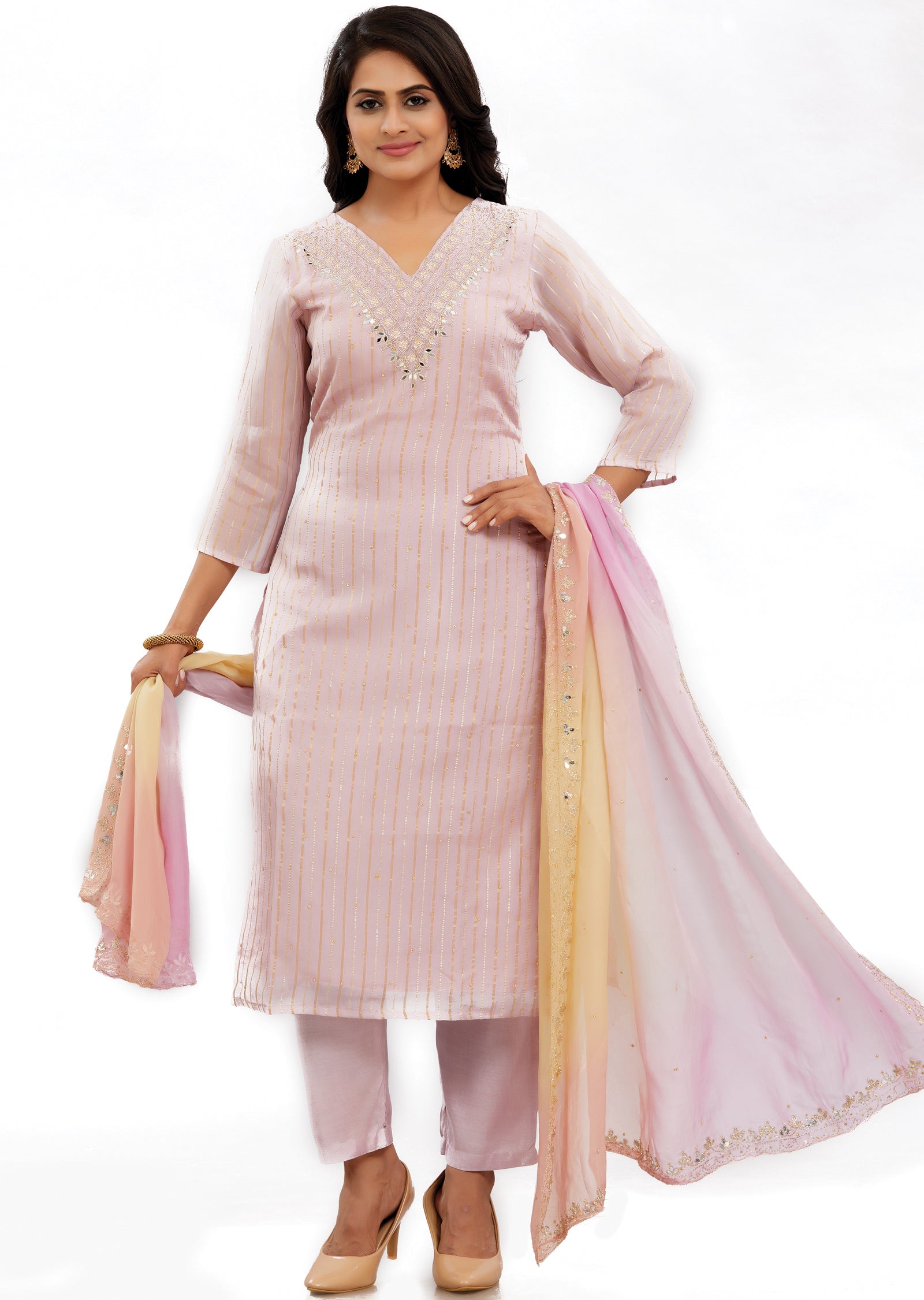 Lilac Banaras Organza Straight Cut Suits