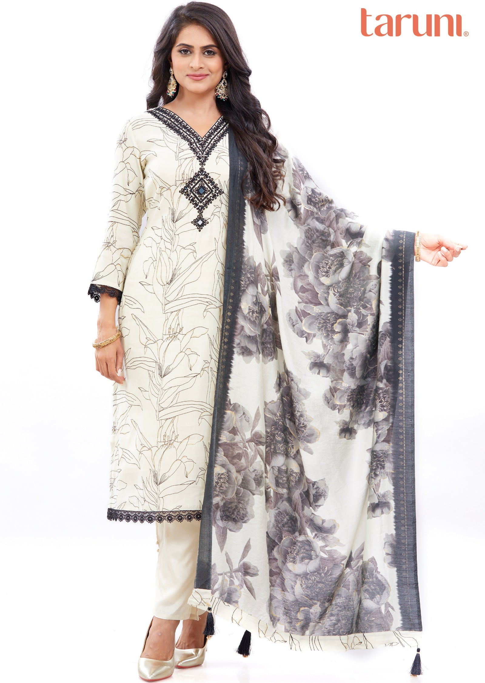 Beige & Black Muslin Straight Cut Suits