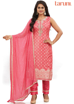 Pink Banaras Tissue Straight Cut Suits