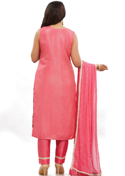 Pink Banaras Tissue Straight Cut Suits