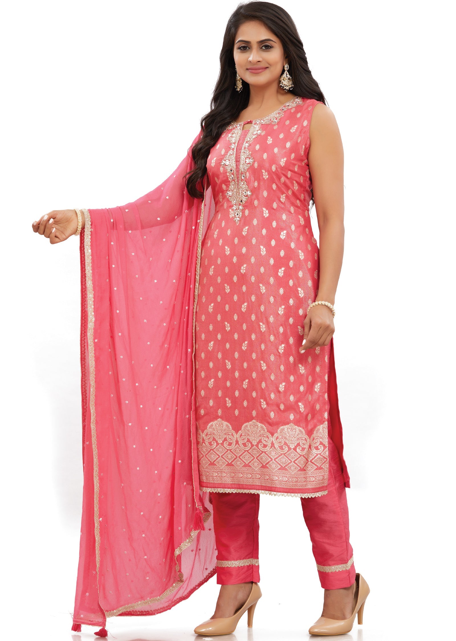 Pink Banaras Tissue Straight Cut Suits