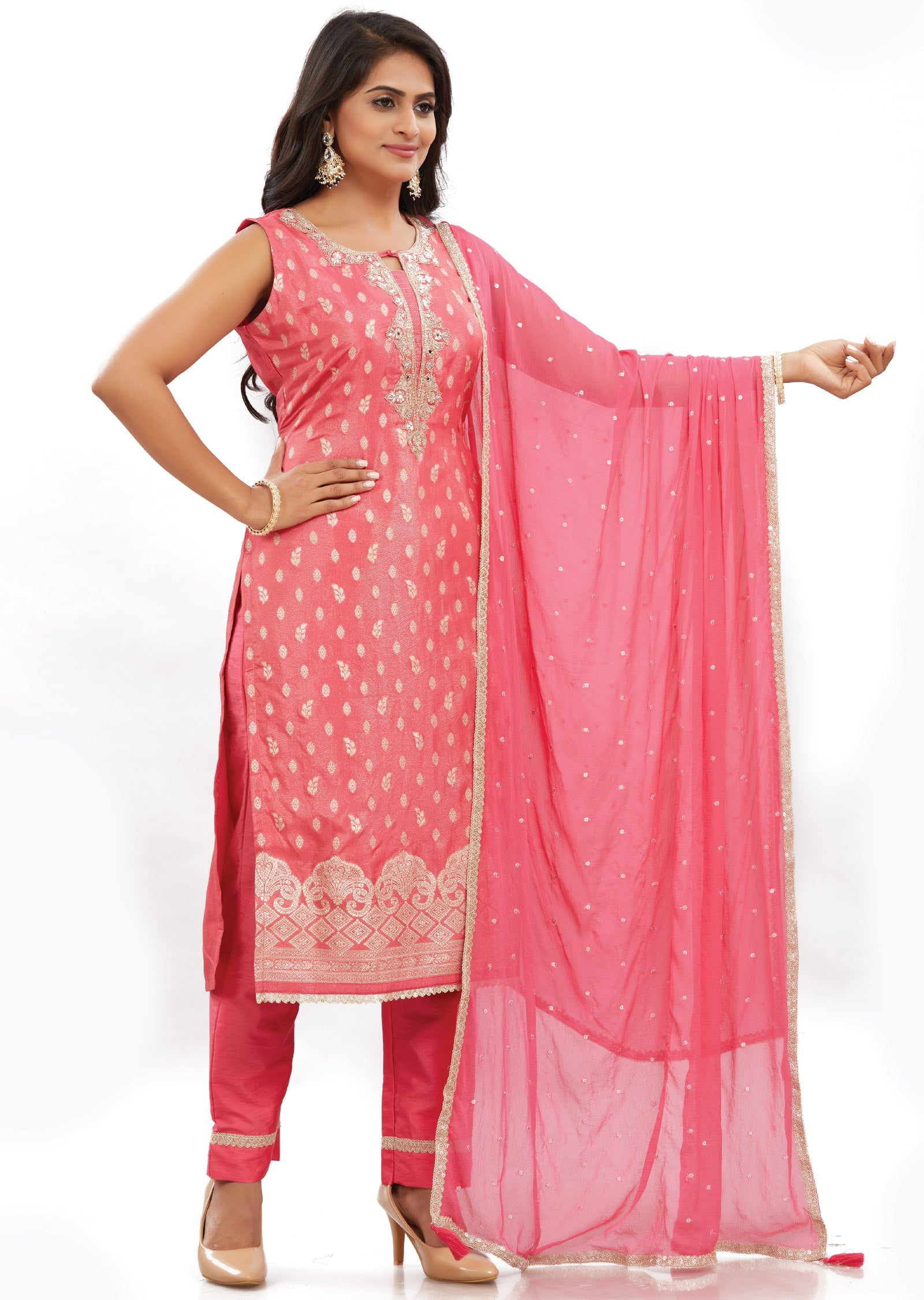 Pink Banaras Tissue Straight Cut Suits