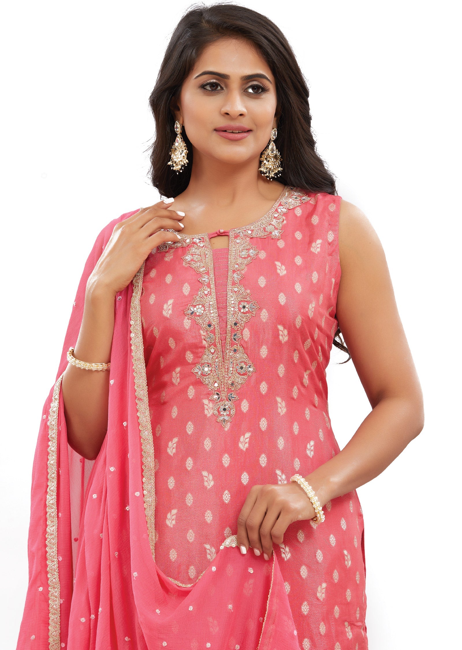 Pink Banaras Tissue Straight Cut Suits