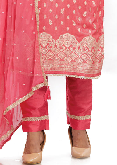 Pink Banaras Tissue Straight Cut Suits