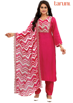 Rani Pink Muslin Kurti with Printed Yoke & Organza Dupatta