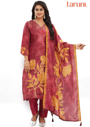 Maroon Tissue Silk Kurti with Zari & Digital Dupatta