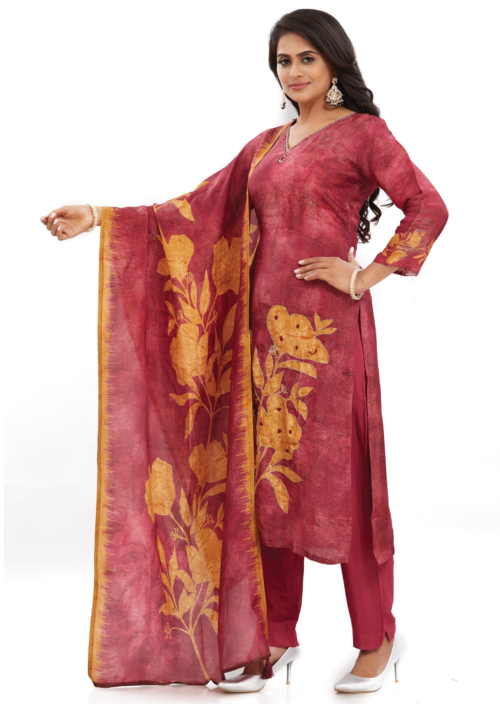 Maroon Tissue Silk Straight Cut Suits