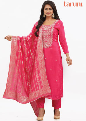 Rani Pink Muslin Kurti with Zari & Dupatta