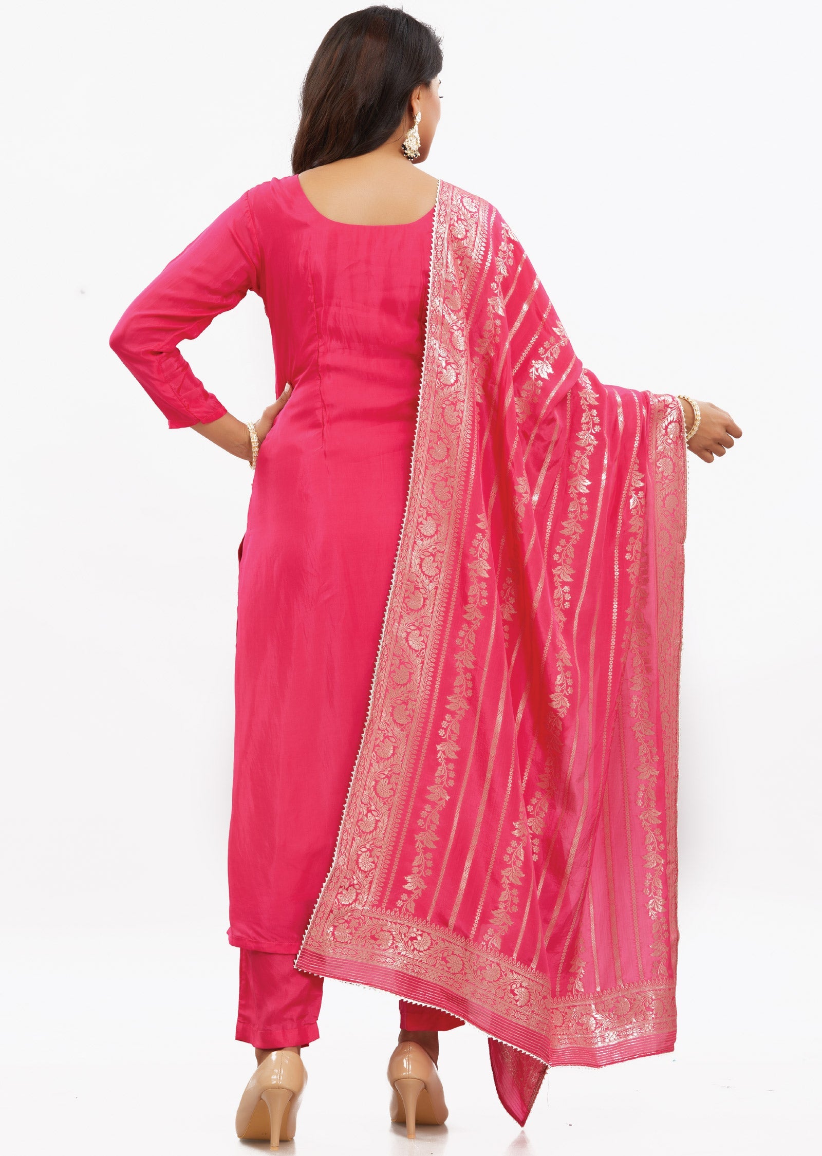 Rani Pink Muslin Kurti with Zari & Dupatta