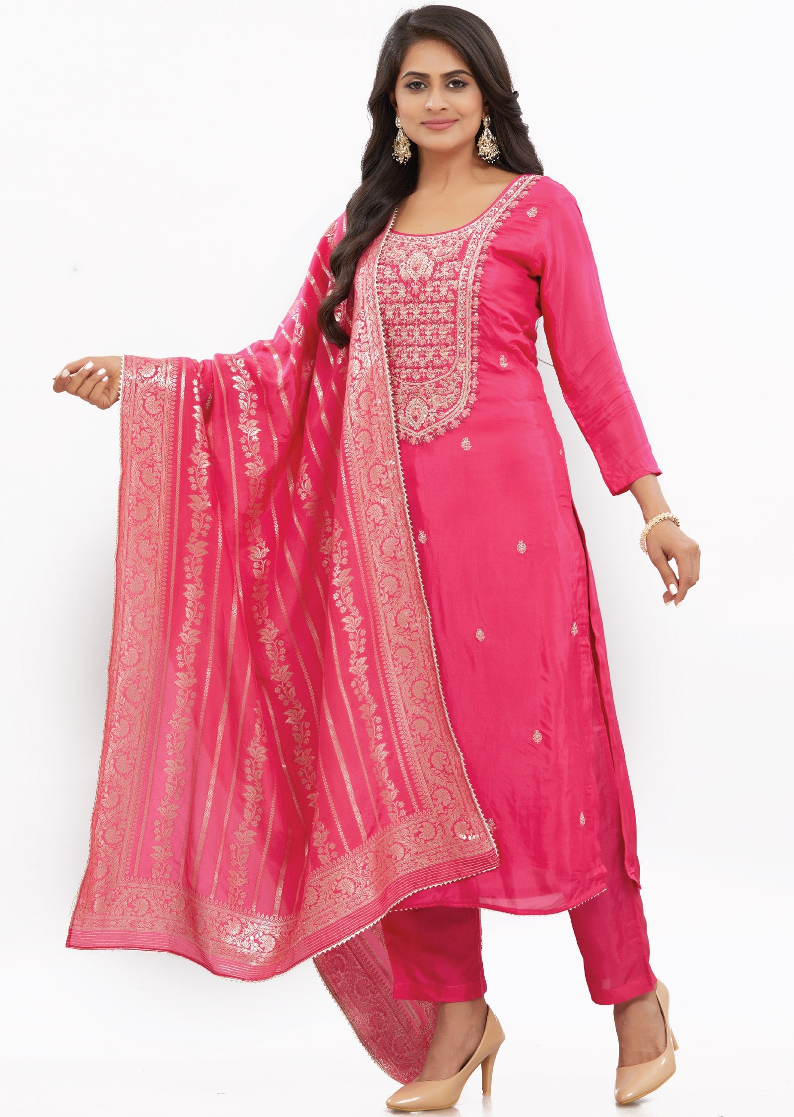 Rani Pink Muslin Kurti with Zari & Dupatta