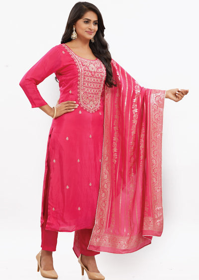 Rani Pink Muslin Kurti with Zari & Dupatta