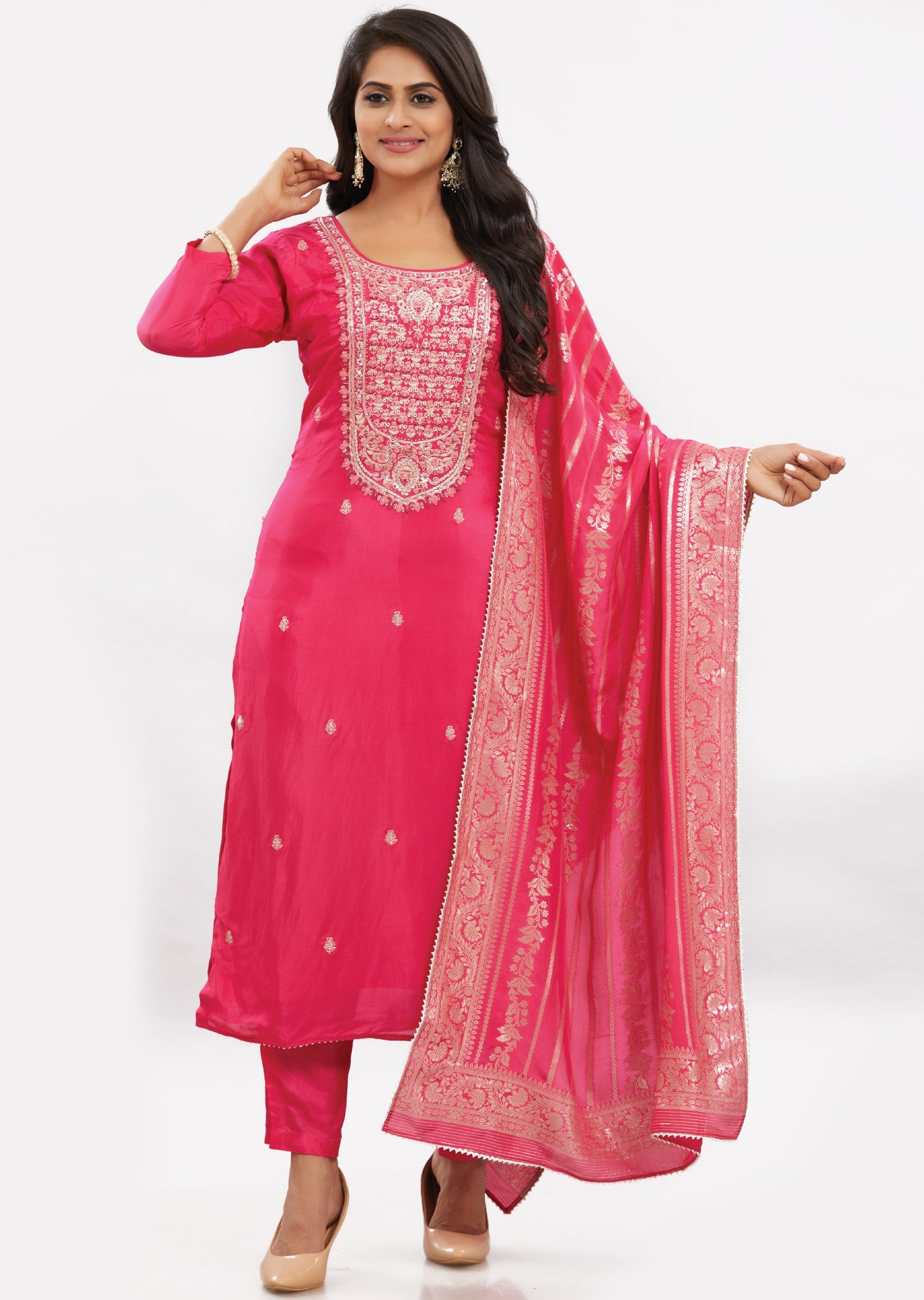 Rani Pink Muslin Kurti with Zari & Dupatta