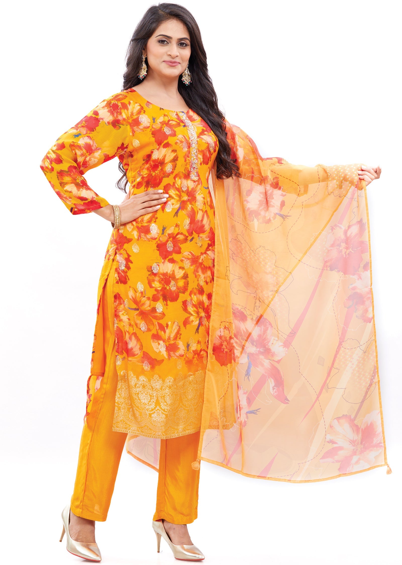 Orange & Red Banaras Organza Straight Cut Suits