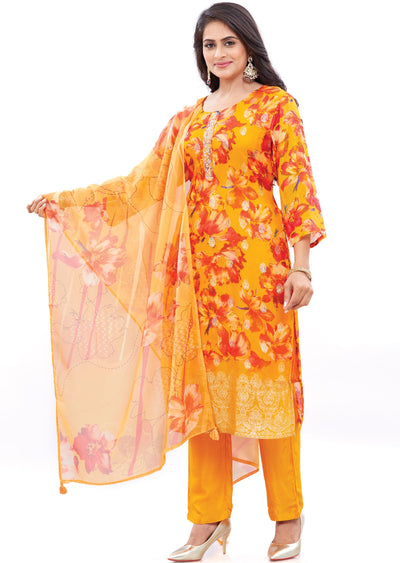 Orange & Red Banaras Organza Straight Cut Suits